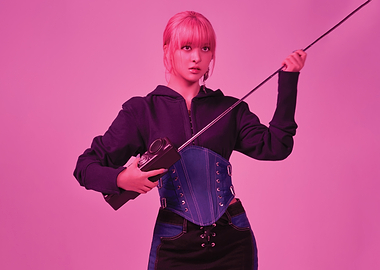 Lily nmixx with pink hair holding a radio