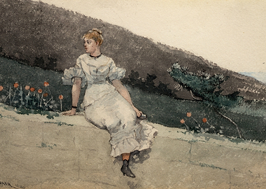 Woman in white dress sitting on wall