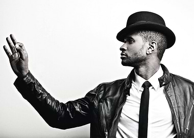 usher in Leather Jacket and Hat