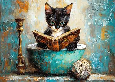 Kitten Reading a Book in a Bowl