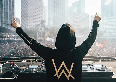 DJ alan walker with Arms Raised in Front of Crowd