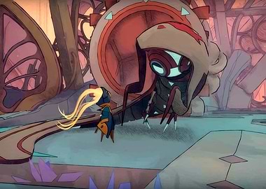 Character facing a large mechanical creature