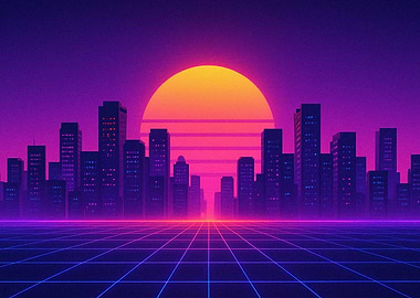 Retro Cityscape Sunset Grid
