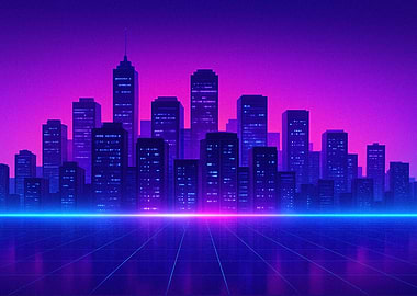 Retro Cityscape with Neon Grid