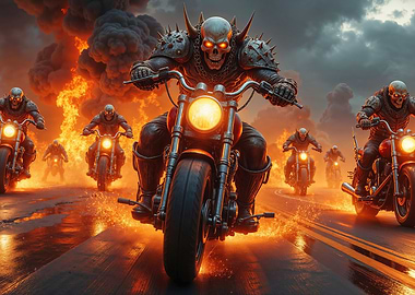 Skeletal Bikers Riding Through Fire