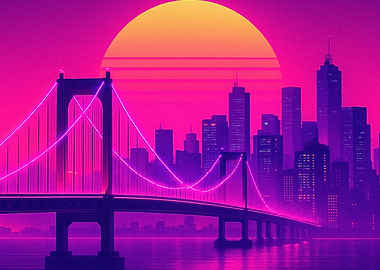 Retro Sunset Cityscape with Bridge