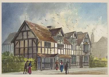 Tudor-style building with people