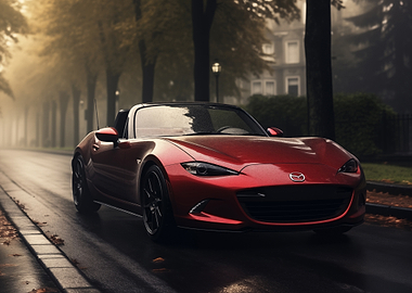 Red Mazda Miata on Wet Road