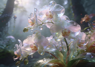 Dew-Kissed Orchids in Misty Forest