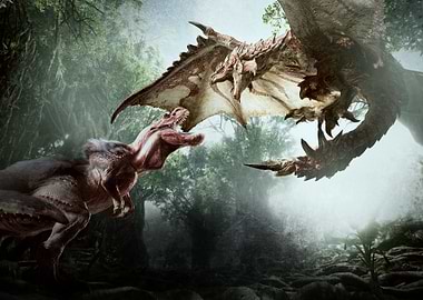 Dinosaur and Dragon Battle in Forest
