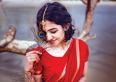 mamitha baiju in Red Saree with Peacock Feather