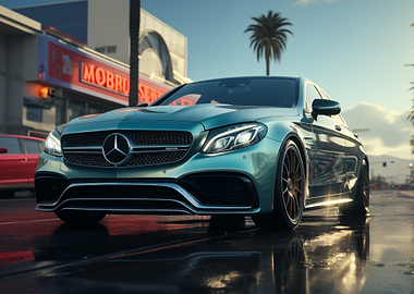 Mercedes AMG C63 on Wet Street