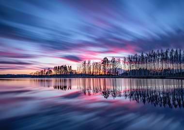 Long Exposure Sunset Over Lake