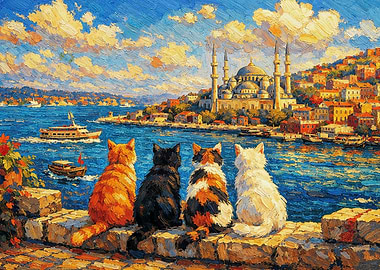 Cats and Istanbul Painting Poster