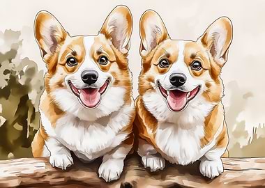 Two Happy Corgis on a Log