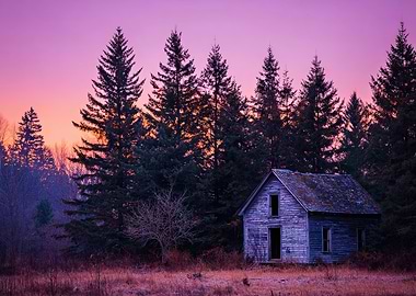 Abandoned House at Sunset in Moody Scene Landscape