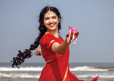 mamitha baiju in Red Saree with Flower