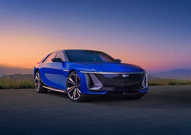 Blue Cadillac Lyriq EV at Sunset