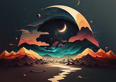 Cosmic Landscape with Crescent Moon