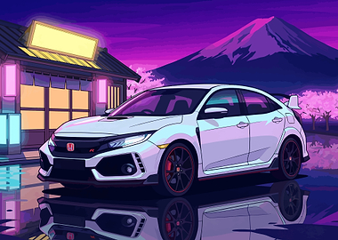 White Sport Car Neon Mount Fuji Edition