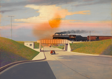 Train Crossing Overpass at Sunset