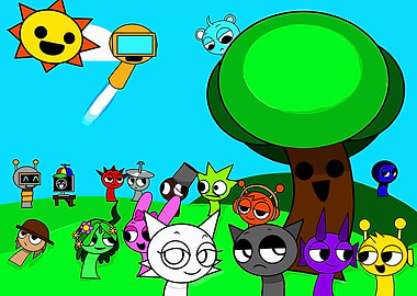 Whimsical Characters in a Sunny Landscape