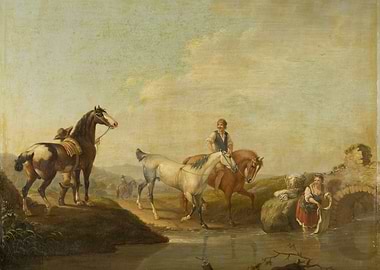 Horses and people by a river