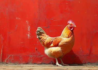 Chicken in front of red wall