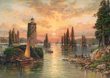 Sunset Lighthouse Scene with Boats