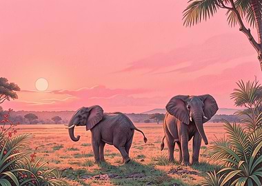 Elephants in a Sunset Savannah