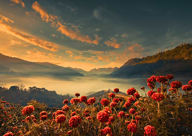 Sunrise Over Misty Mountains with Marigolds