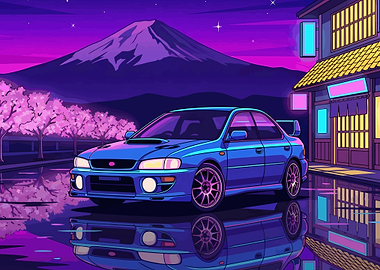 90s JDM Performance Sedan Neon Sakura Night Mount Fuji Retro