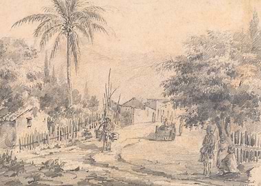Pencil Sketch of a Village Scene