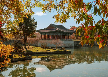 Korean Autumn Pavilion by a Reflecting Pond
