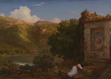 Woman praying before a shrine in a landscape
