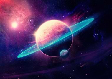 Cosmic Planet with Rings and Nebula