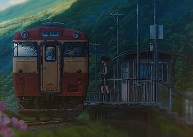 Train station with a girl and a train