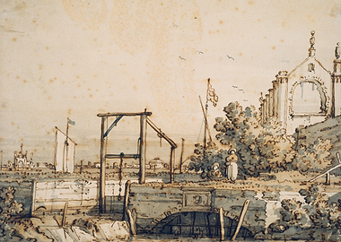 Canal scene with bridge and buildings