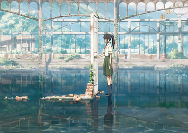 Girl opening a door in a flooded greenhouse