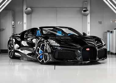 Black Bugatti Roadster in a Showroom