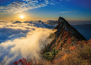 Sunrise over misty mountains with autumn foliage