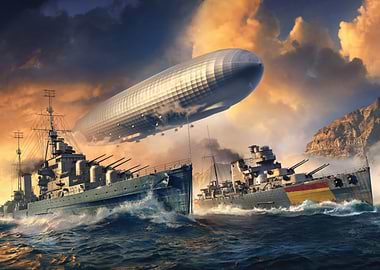world of warships Battleships and Airship in Stormy Seas