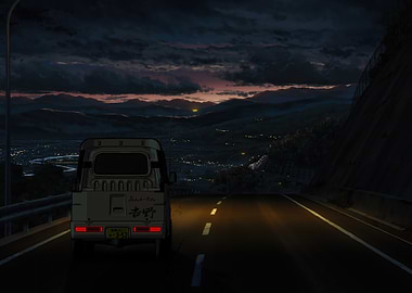 Anime Truck on Mountain Road at Dusk