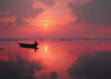 Lone boat on a vibrant sunset lake