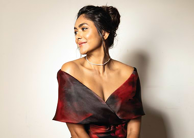 Mrunal Thakur in a floral off-the-shoulder dress