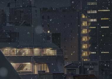 Snowy Cityscape at Night
