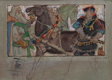 Two figures on horseback in a stylized landscape