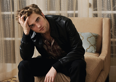 Robert Pattinson sitting with hand on head