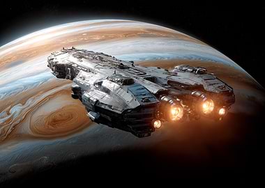 Massive Frigate Spaceship Orbiting Jupiter