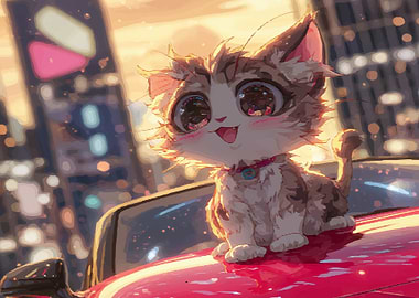 Cute Anime Cat on a Car in City